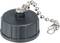 A black plastic threaded lid attached to a metallic ball chain with a holder at the top.