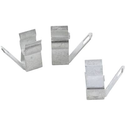 Three silver metal clips on a white background. They are arranged in different positions and have rectangular shapes.