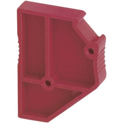 Red end plate for terminal blocks, rectangular shape with bevelled corner, 'Phoenix Contact' company logo embossed.