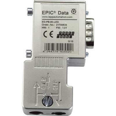 Metal plug with 'EPIC Data' inscription, containing order number, hardware and firmware version. Shows LED indicator and connection pairs ON/OFF.