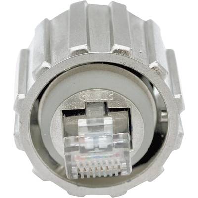 Metal plug with a transparent plastic network connector (Ethernet plug), suitable for robust industrial applications.