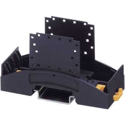 Black mounting component with two upright, perforated plates, likely for electrical installations or circuits.