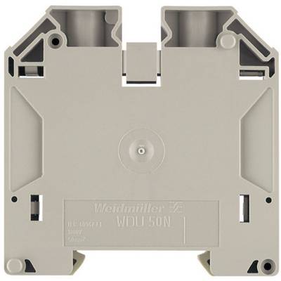 A grey terminal block, model 'WDU 50N' by Weidmüller, shows a compact design with side openings for cables.