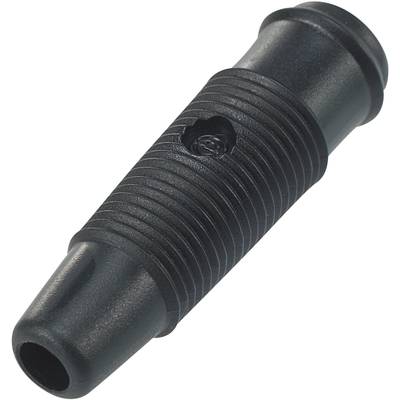 A black connector with a ribbed surface and cylindrical shape.