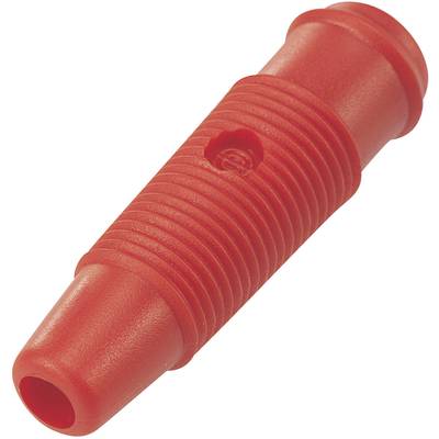 Red plastic cable plug, ribbed with a protruding circular detail, against a white background.