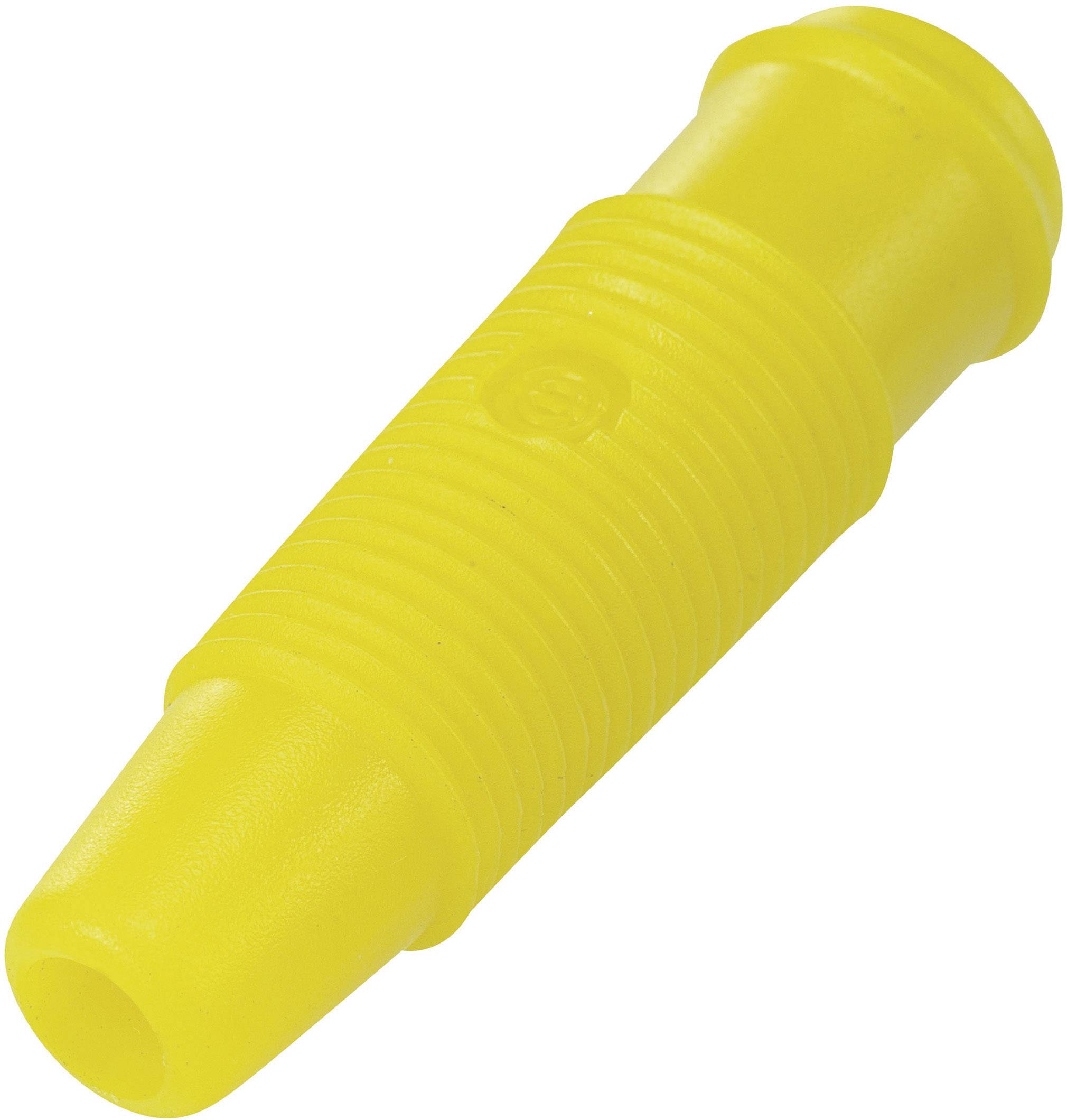 Yellow plastic screw connector cover, tapered in shape with a ribbed surface for improved grip.