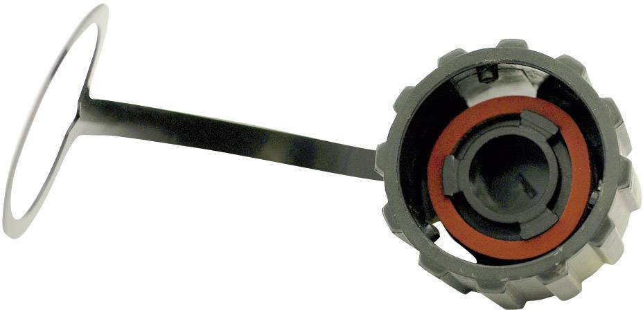 Black bottle cap with a red sealing ring, shown from the side. Plastic material, suitable for tight sealing.