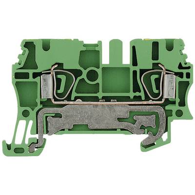 Green electrical terminal block with metal contacts, most likely for connecting electrical wires in a control cabinet.