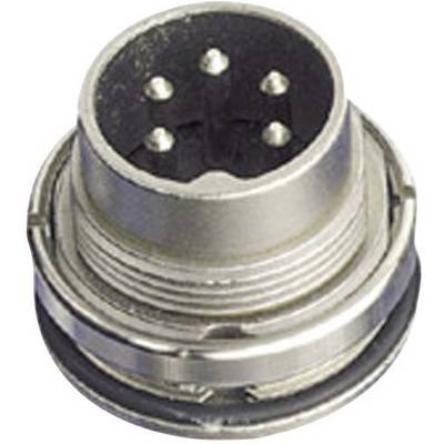 A round metal plug with five pins, used for electronic connections.