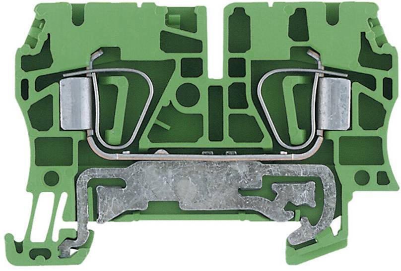 Green terminal block with metallic connecting elements, suitable for electrical connection installations on a DIN rail.