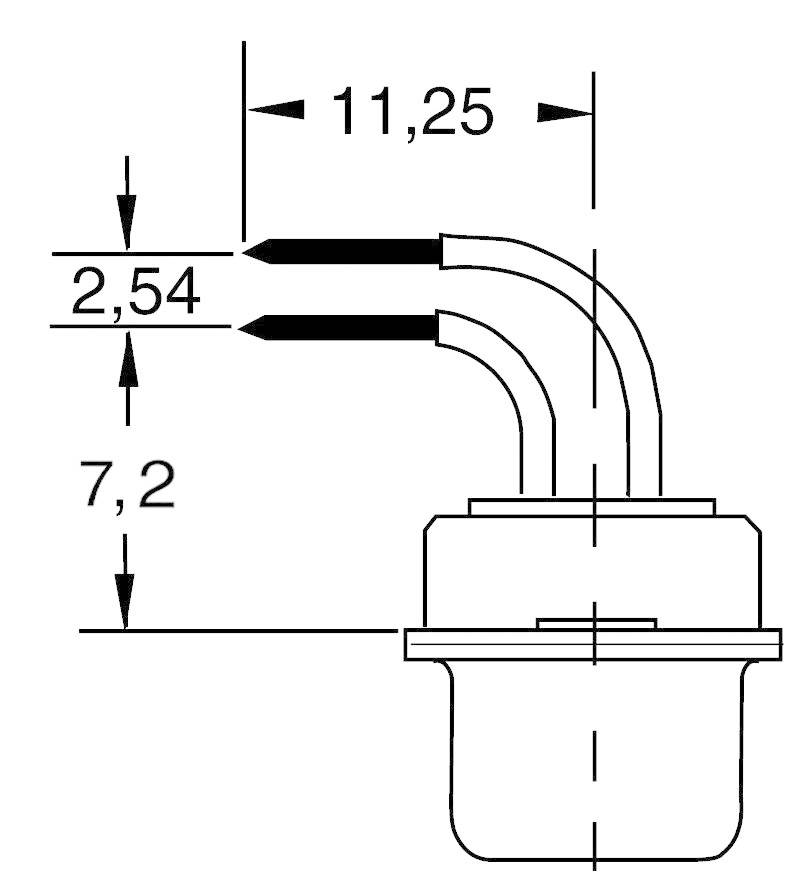 Technical drawing of an electronic component with dimensions: Height 7.2 mm, Width 2.54 mm, Total length 11.25 mm.