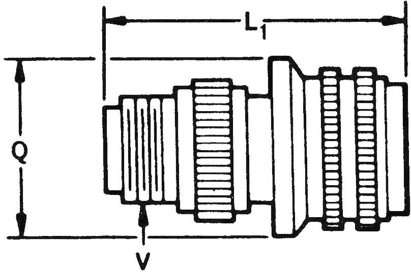 Technical drawing of a connector with dimension lines. L1 indicates the length, Q the overall height, and V the diameter position.