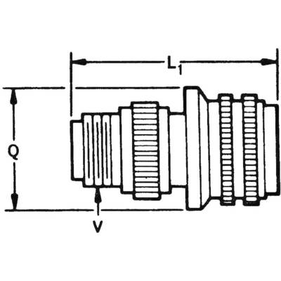 Technical drawing of a connector with dimension lines. L1 indicates the length, Q the overall height, and V the diameter position.