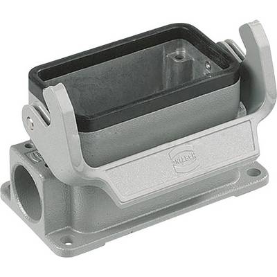 'Grey-black, rectangular enclosure with side brackets and a hole on the side. Suitable for industrial connections.'