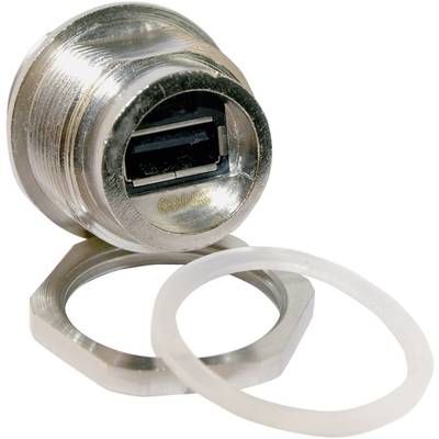 A metal plug with a USB port and a fixing nut, along with a sealing ring, suitable for panel mounting.