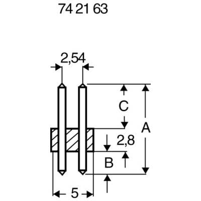 Technical drawing of pin header with dimensions: Width 5 mm, Spacing 2.54 mm, Height A, B 2.8 mm, C. At the top it says '74 21 63'.