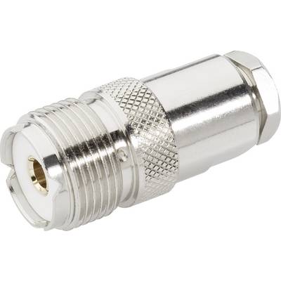 A silver coaxial cable adapter with a knurled handle for improved grip, connection mechanisms at both ends. Suitable for televisions or network devices.