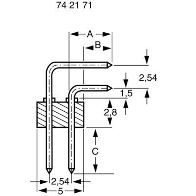 Technical drawing of a component with three interconnected curved wires. Dimensions (A, B, C) and distances specified in millimetres.