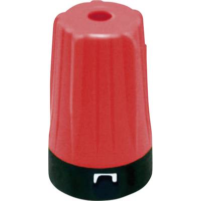 Red rotary knob with a knurled surface and black base. Commonly used in electronic devices for controlling settings.