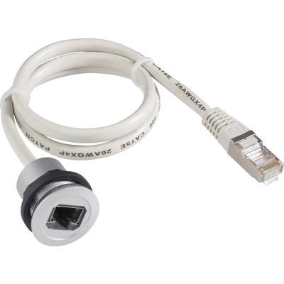 An Ethernet cable with a beige-sheathed plug and an integrated socket, suitable for network connections.