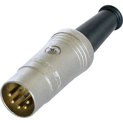 A DIN plug with five gold-plated pins and a black plastic housing, commonly used in audio equipment.