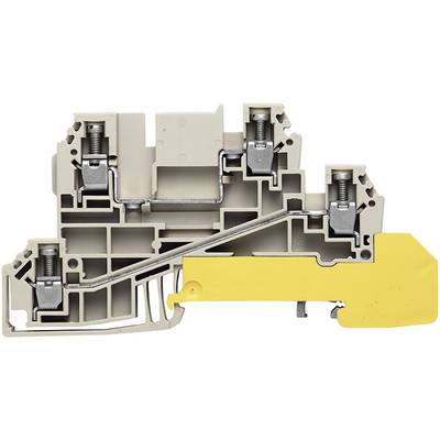 A grey terminal block with a yellow switch mechanism, showing internal spring connection and mounting elements.