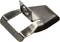Metal staple with rectangular opening and upright tab, used for fastening or securing.