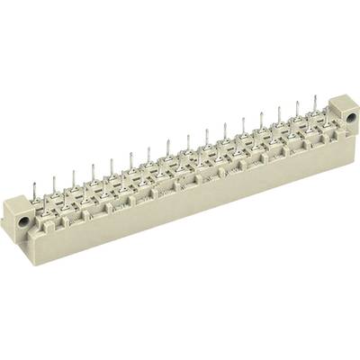 A rectangular, beige connector with multiple metal pins stands upright. A user could use it for electrical connections.