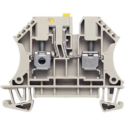 A grey electrical terminal block with two metallic terminal connections and screws for connecting wires.