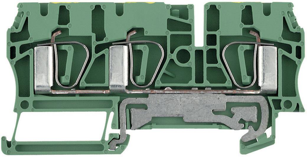 A green terminal block for electrical connection, showing two metal bridges and a locking mechanism.