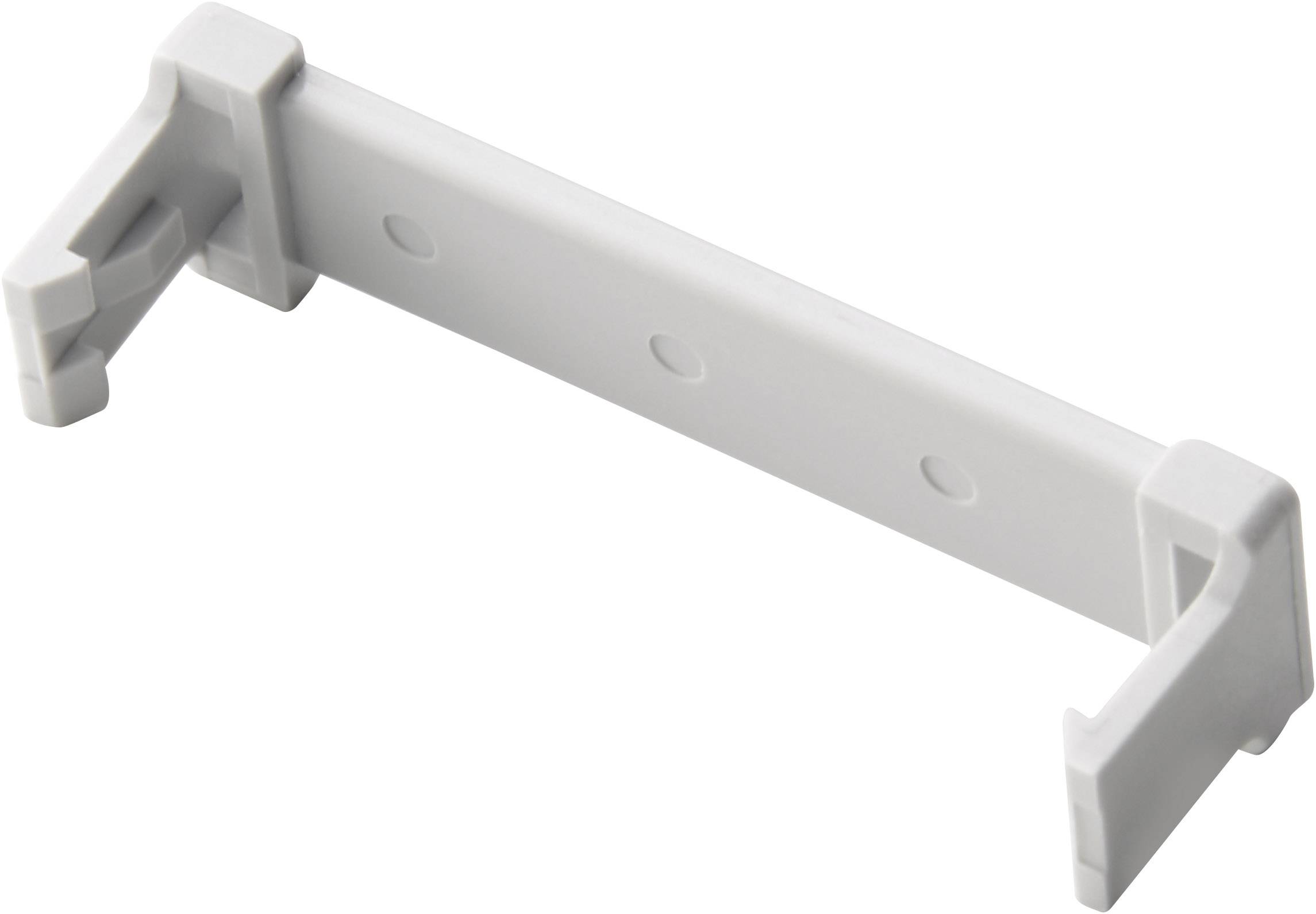 A white, rectangular plastic angle bracket with two hooks at the ends, used for mounting or securing objects.