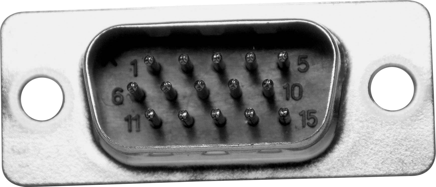 Close-up of a 15-pin VGA connector in a metal socket, used for video transmission from computers to monitors.