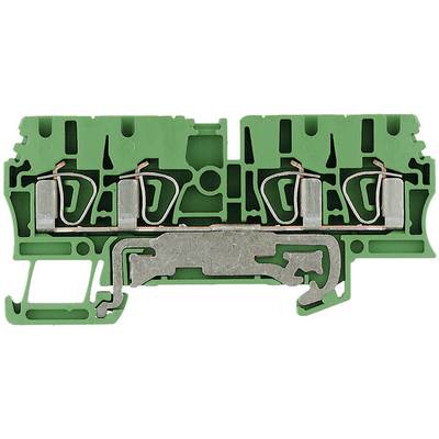 A green electrical terminal strip made of plastic with metallic connection tags and internal components for electricity distribution.