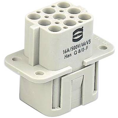 Electrical plug, grey in colour, with multiple round openings on top, marked with '16A/500V/6kV3 Han Q 8/0-F' on the side.