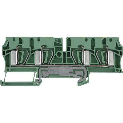 Green terminal block with metal connections and three clamping points. Used for secure wiring in electrical circuits.