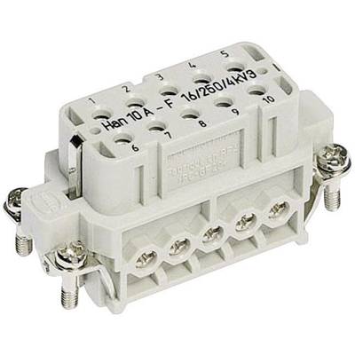 A rectangular electrical connector with ten numbered pins, side-mounted with screws, with the print 'Han 10 A' on it.