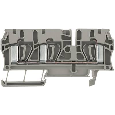 Grey distribution block with internal metallic terminals. Used in electrical switchboards for connecting conductors.
