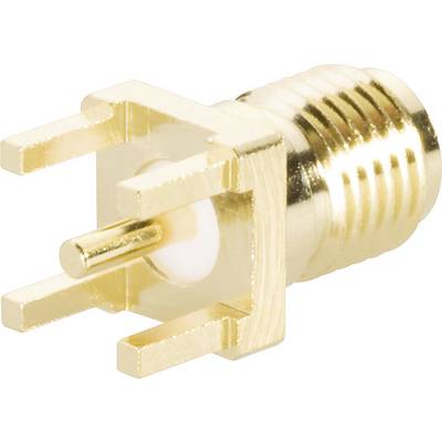 A golden SMA socket connector, with four mounting pins and internal insulation. Used for high-frequency applications.