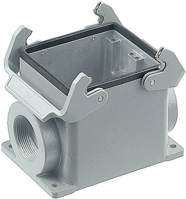 Metallic industrial enclosure with a rectangular aperture and side screw connections, suitable for electrical engineering applications.