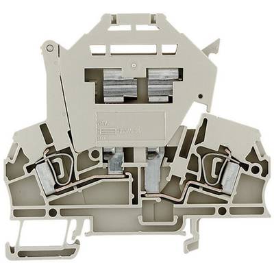 A grey plastic terminal block for DIN rail mounting. It features two metal terminal blocks that can connect wires.