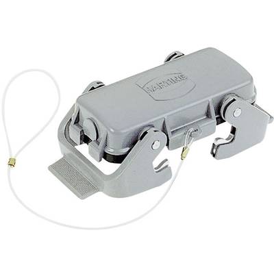 Grey-silver HARTING connector with metal housing, cable connection and locking mechanism, suitable for industrial applications.