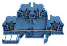 Blue terminal block with metal connectors and plastic housing, used in electrical engineering for secure cable connection.