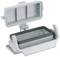 Metal rectangular enclosure with an open lid reveals an empty interior. It features a hinged mechanism for closing.