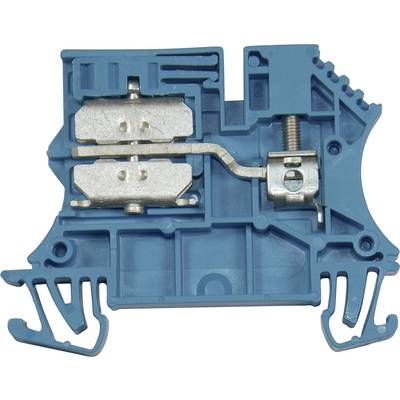 Blue electrical terminal block with metal terminals and screw connection, used for wiring in electrical control cabinets.