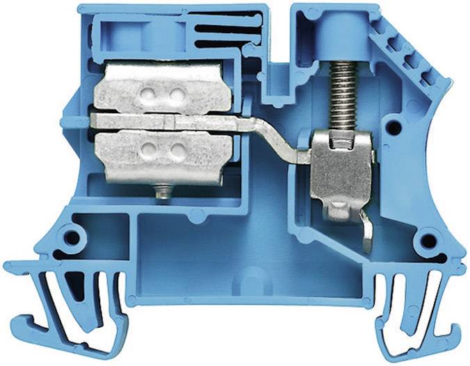 Cross-section of a blue plastic terminal block housing, with metal components for electrical connection and mounting.