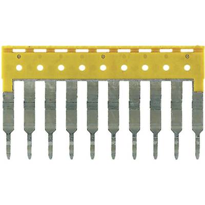 'Metal fork bridge with yellow insulating strip on top, used for distributing electrical signals or voltages in terminal blocks.'
