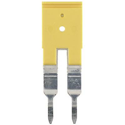 Yellow flat fuse with transparent metal contacts, used to limit electrical current and protect electrical circuits.