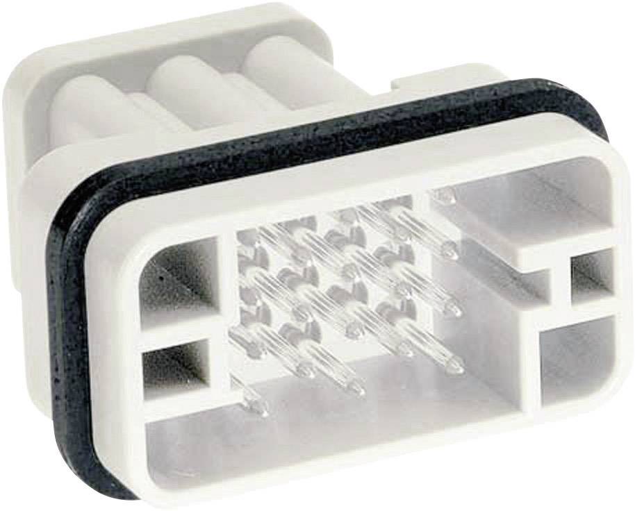 A white, rectangular electrical plug with multiple contact pins and a black border.