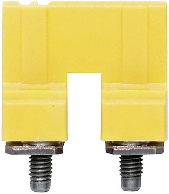 Yellow safety plug with two metal screws at the bottom, commonly used in electrical circuits.