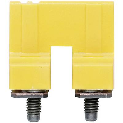 Yellow safety plug with two metal screws at the bottom, commonly used in electrical circuits.